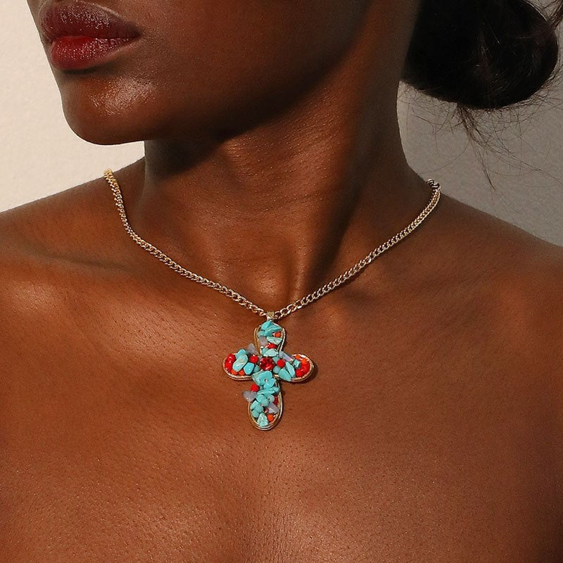 Bohemian Colourful Turquoise Cross Pendant Necklace