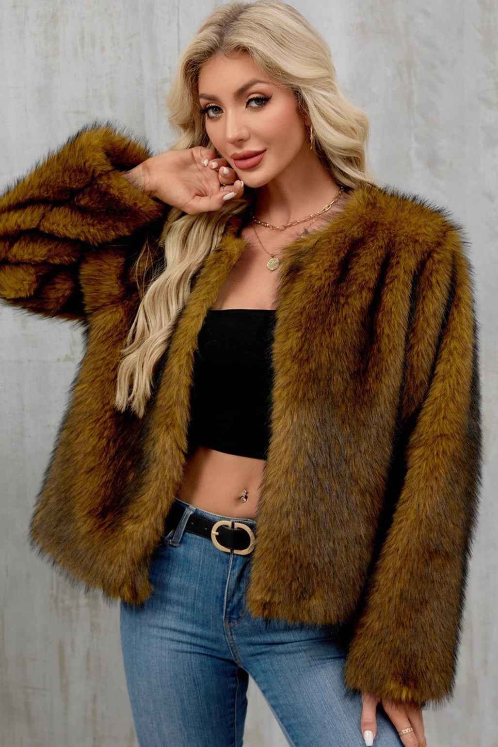 Cropped Plush Cardigan with Crew Neck and Long Sleeves