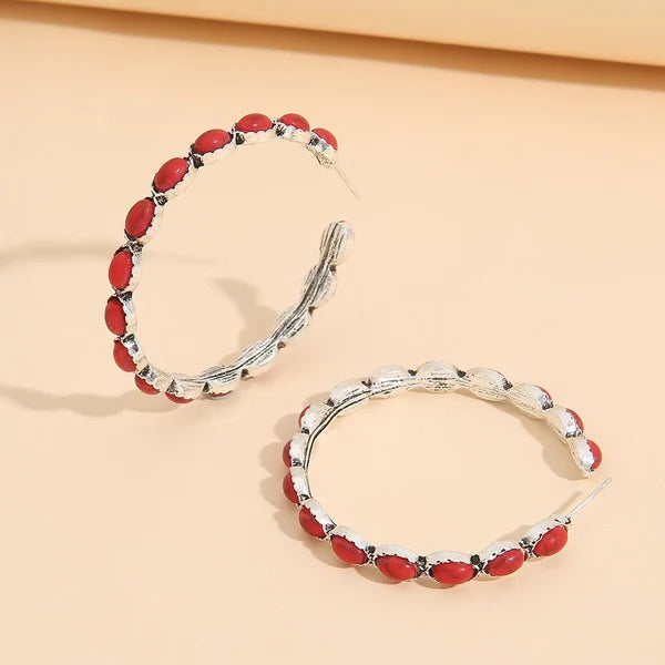 Vintage-Style Stone Hoop Earrings in Three Colours