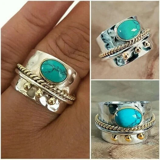 Wide Two-Tone Band Ring with Round Turquoise-Look Stone