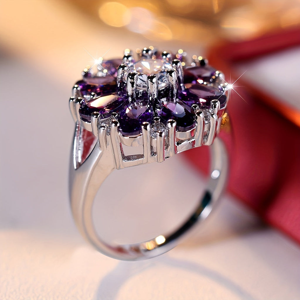 Purple Zirconia Flower Ring