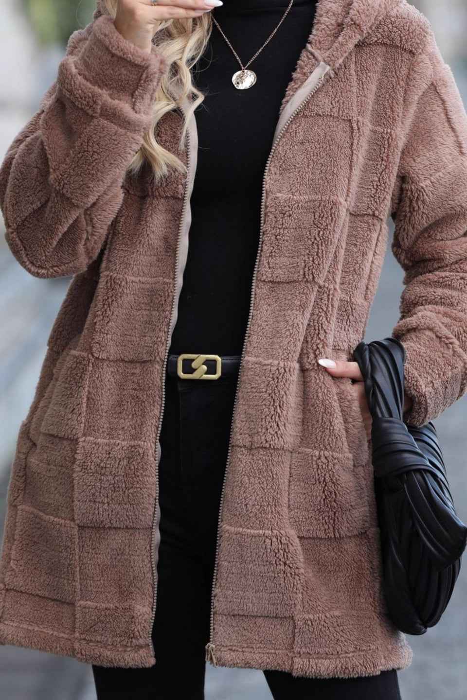 Hooded Zip Through Cardigan Coat with Patchwork Detailing