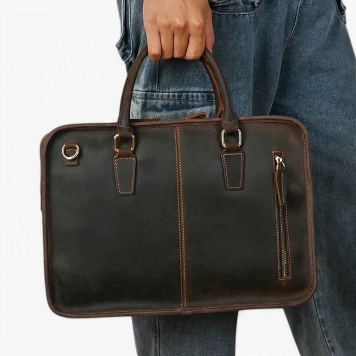 Dark Brown Leather Laptop Bag with Shoulder Strap