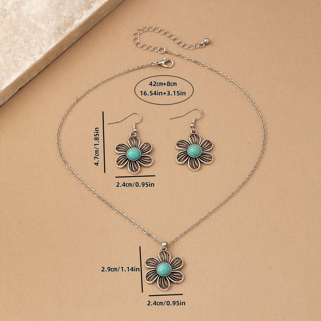 Vintage Turquoise Flower Silver-Plated Necklace and Earring Set
