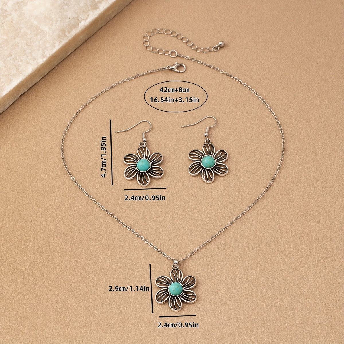 Vintage Turquoise Flower Silver-Plated Necklace and Earring Set