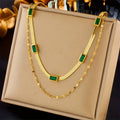 Double-Layer Snake Chain Necklace with Green Stones