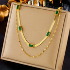 Double-Layer Snake Chain Necklace with Green Stones