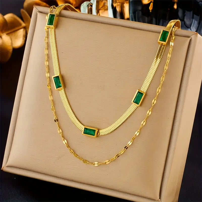 Double-Layer Snake Chain Necklace with Green Stones