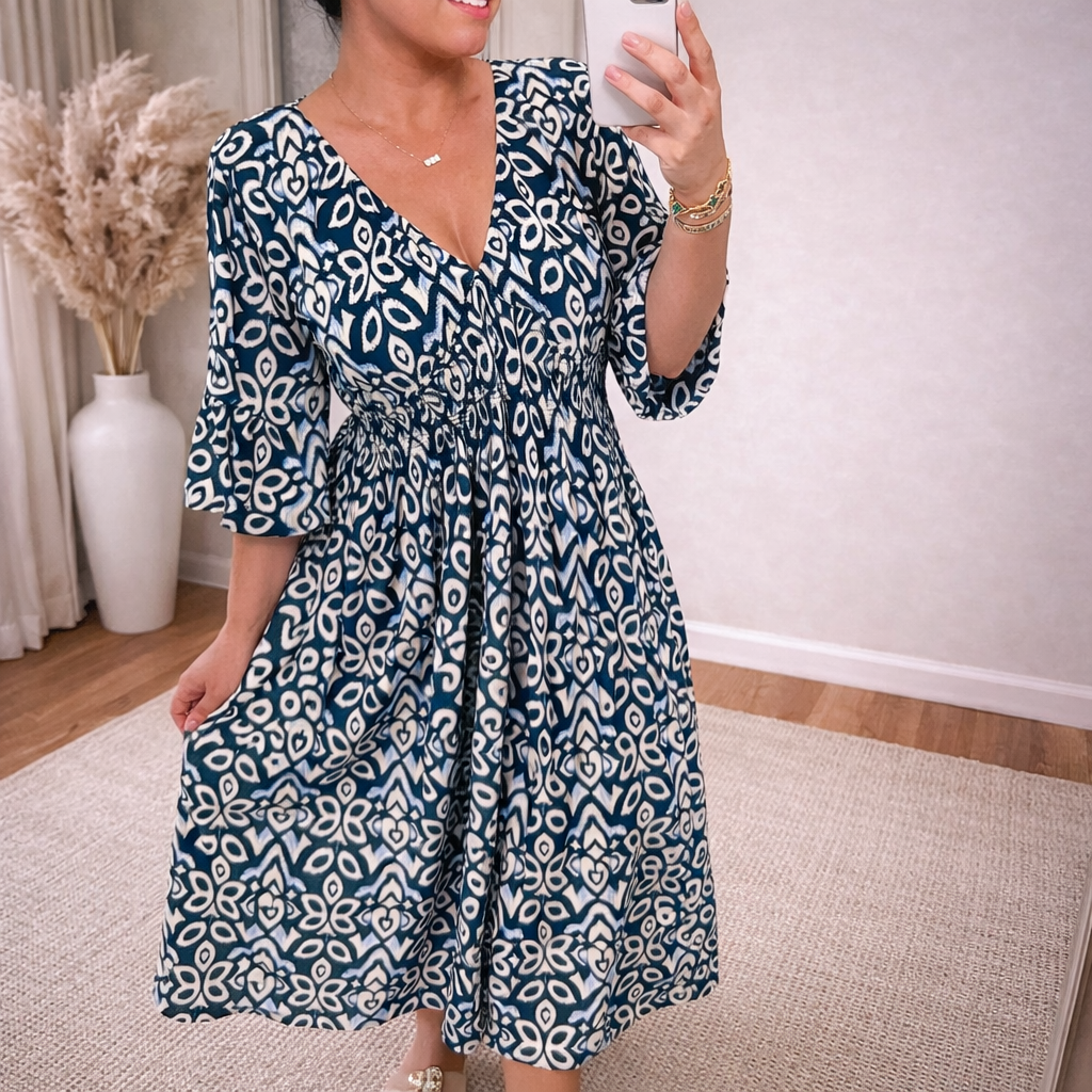 A-Line Three-Quarter Sleeve V-Neck Maxi Dress