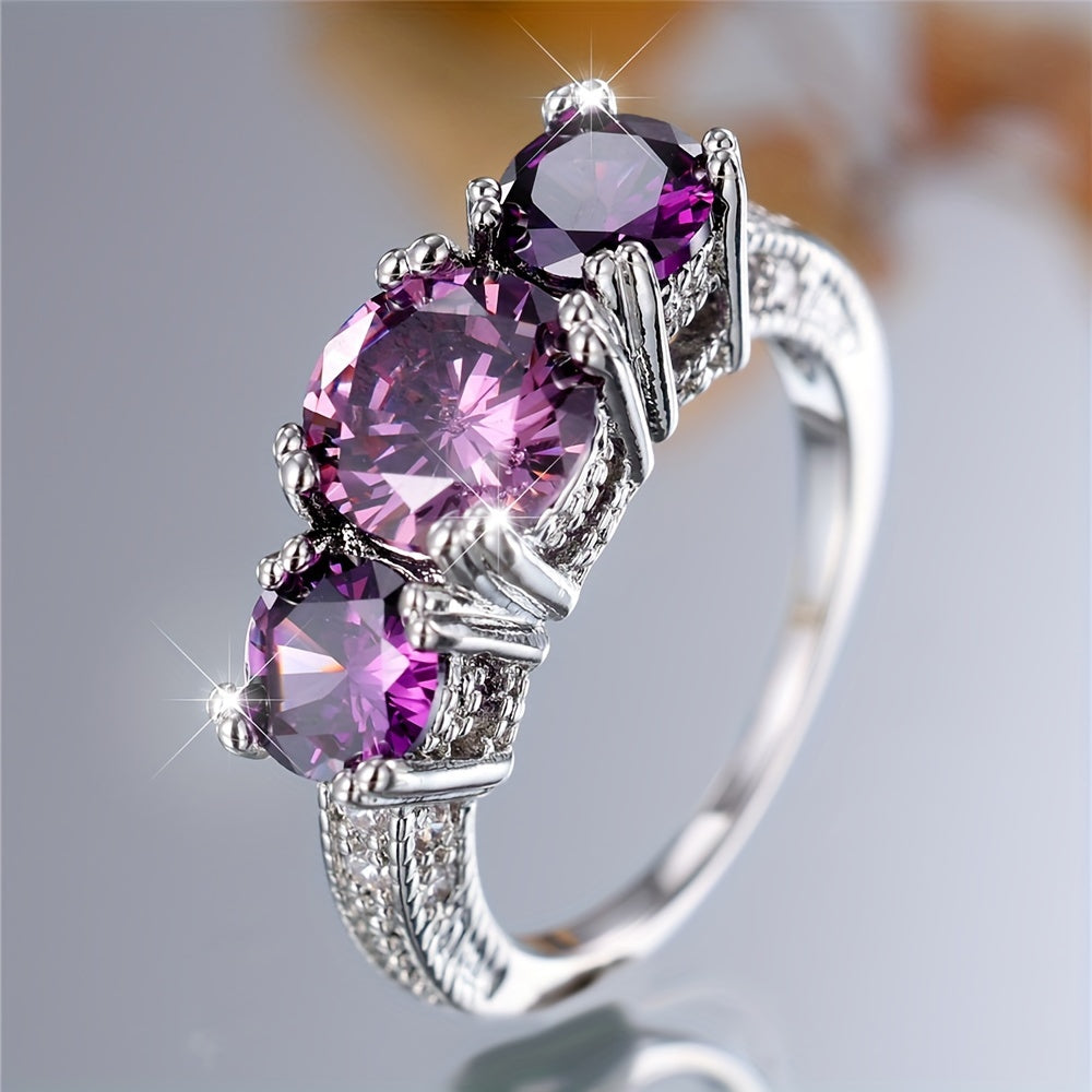 Vintage-Style Three-Stone Purple Round Zirconia Ring