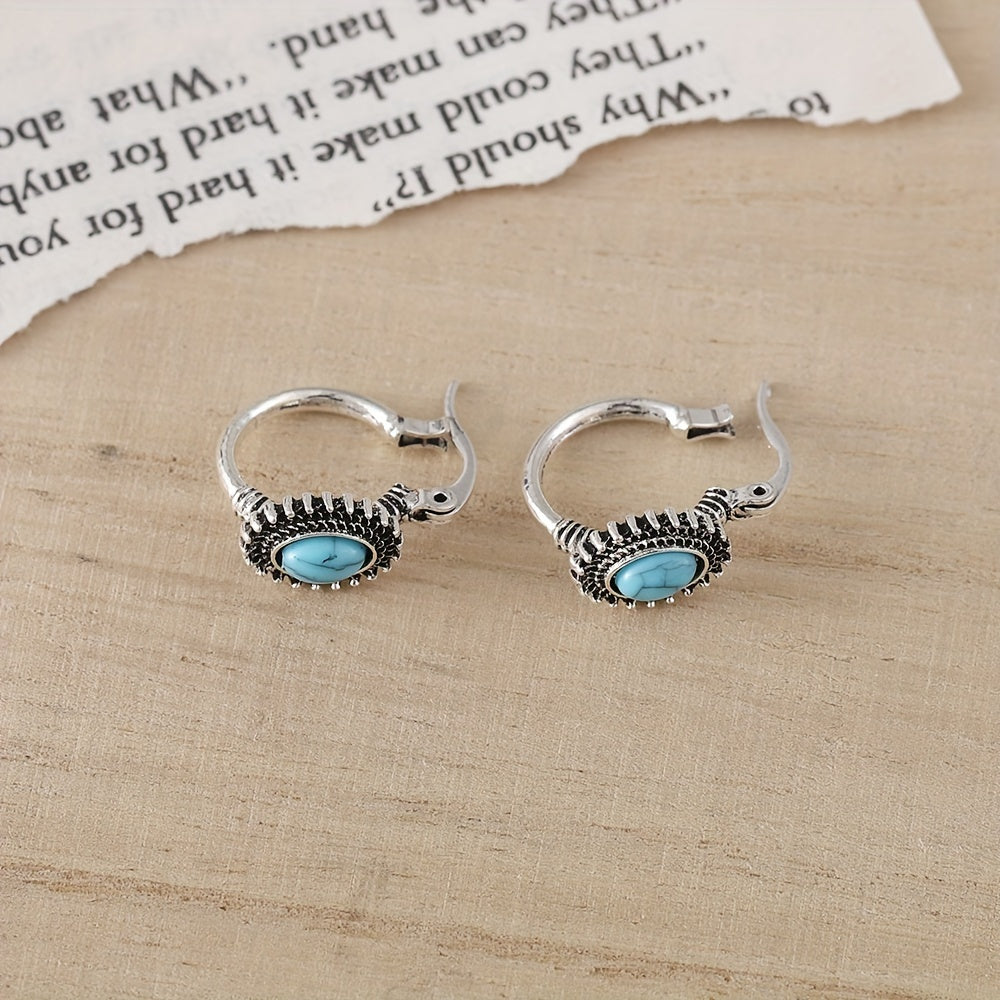 Turquoise Crest Hoop Earrings in White Gold Tone