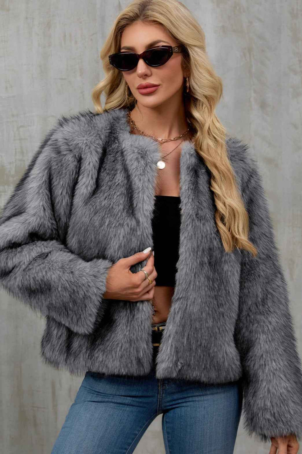 Cropped Plush Cardigan with Crew Neck and Long Sleeves