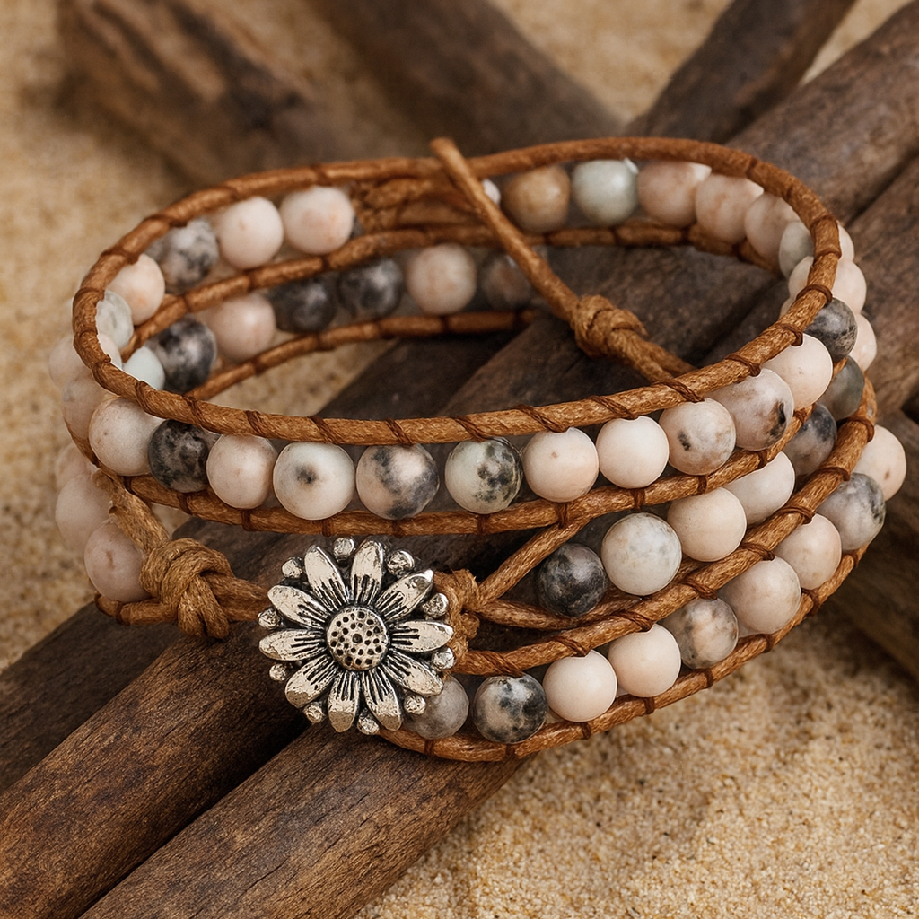 Rhodonite Flower Wrap Bracelet in Soft Pink Tones