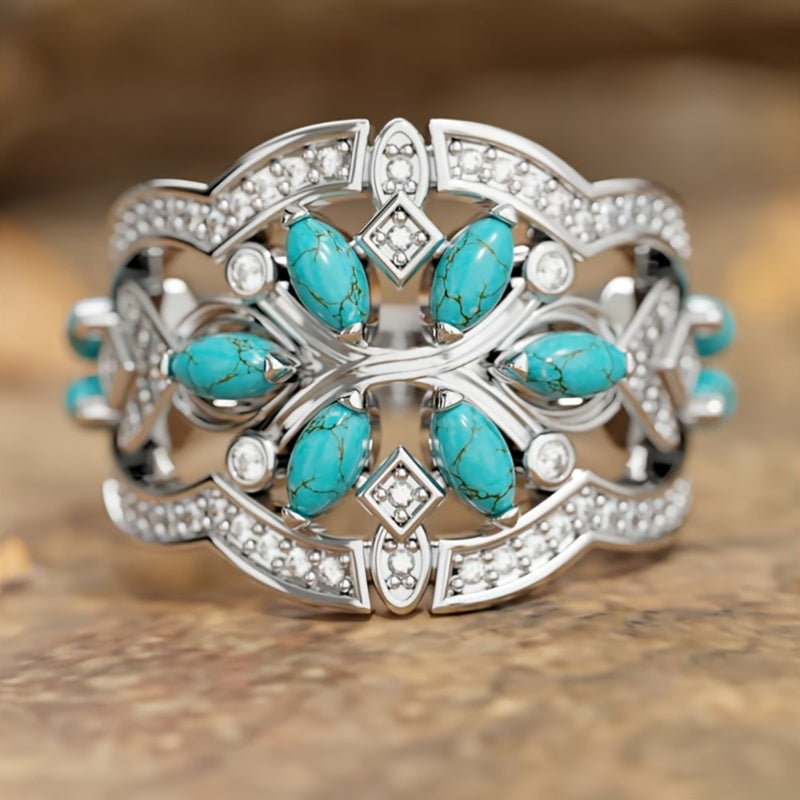 Oval Cluster Ring with Turquoise-Look Stones and Crystals
