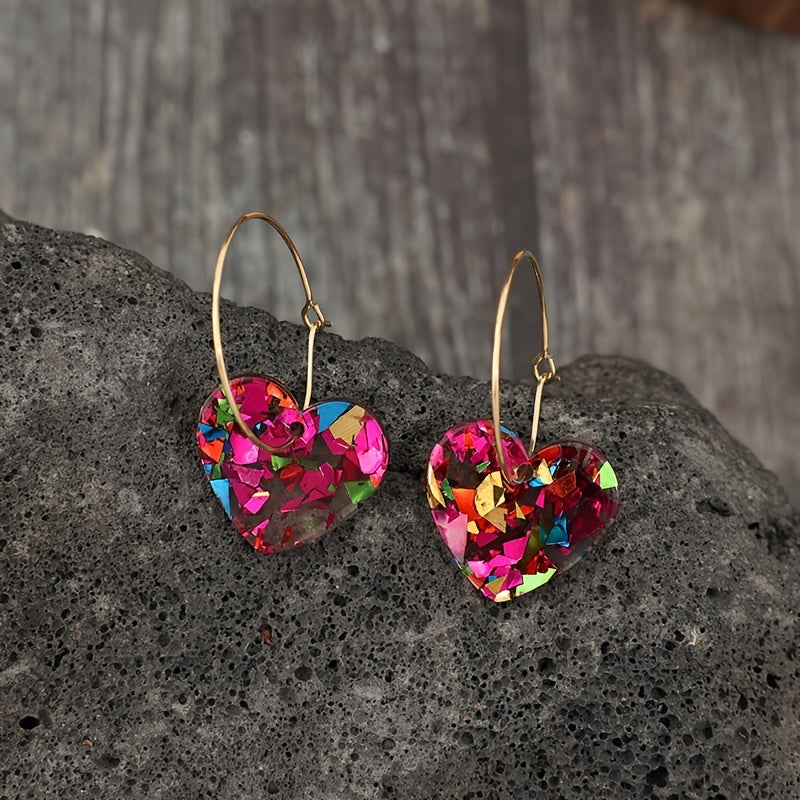 Vintage Resin Glitter Heart Pendant Earrings