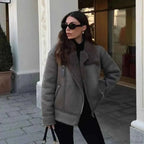 Faux Leather Short Coat with Faux Fur Collar and Tie Belt