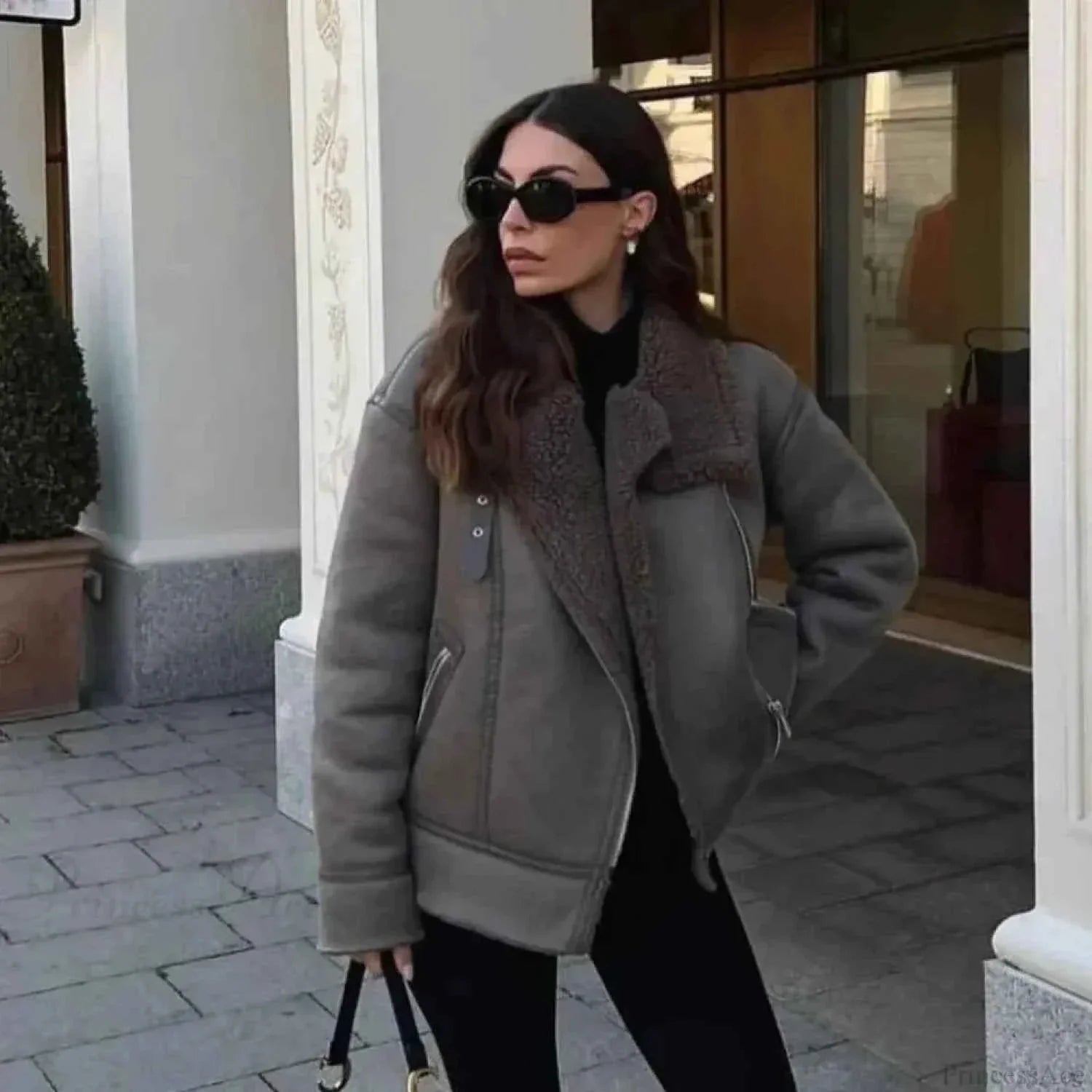 Faux Leather Short Coat with Faux Fur Collar and Tie Belt