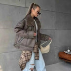 Faux Leather Short Coat with Faux Fur Collar and Tie Belt