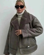 Faux Leather Short Coat with Faux Fur Collar and Tie Belt