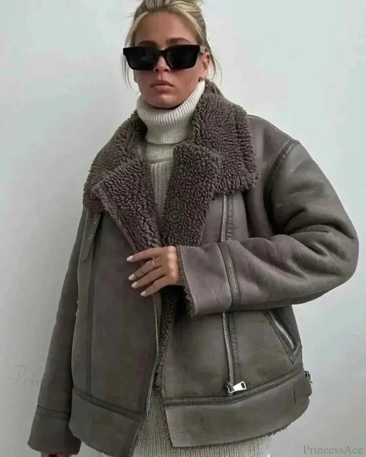 Faux Leather Short Coat with Faux Fur Collar and Tie Belt