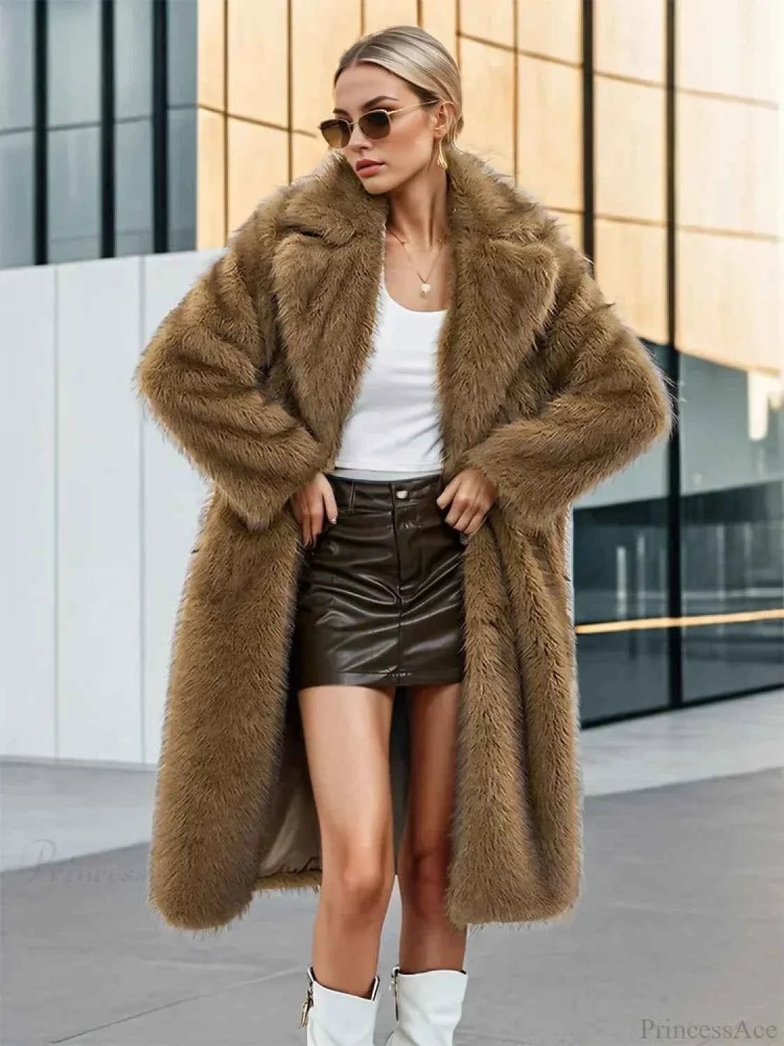 Oversized Faux Fur Coat with Wide Lapels and Open Front
