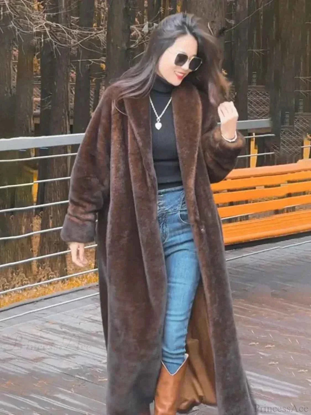 Faux Fur Jacket with Turn-Down Collar and Zip Fastening