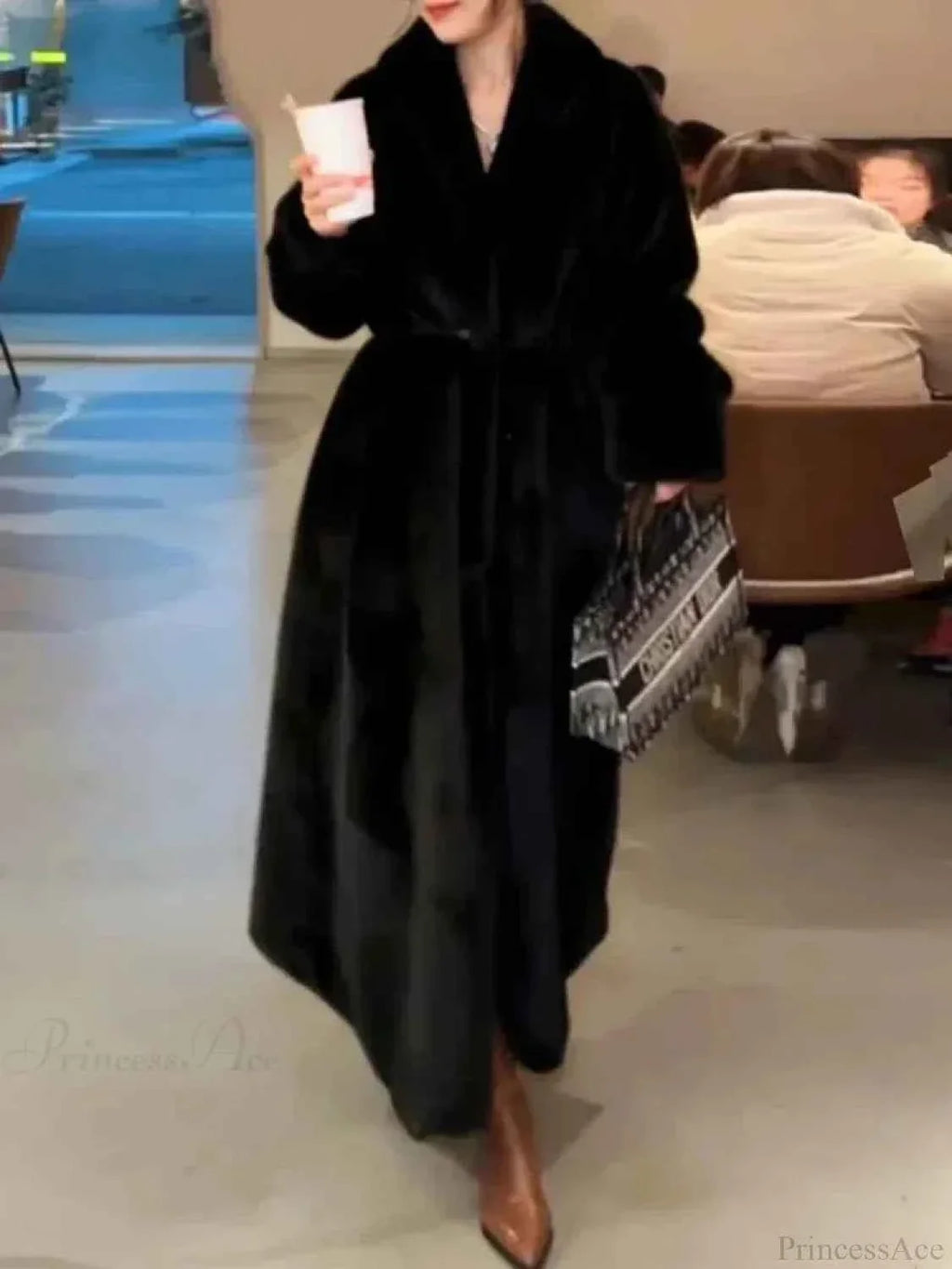 Faux Fur Jacket with Turn-Down Collar and Zip Fastening