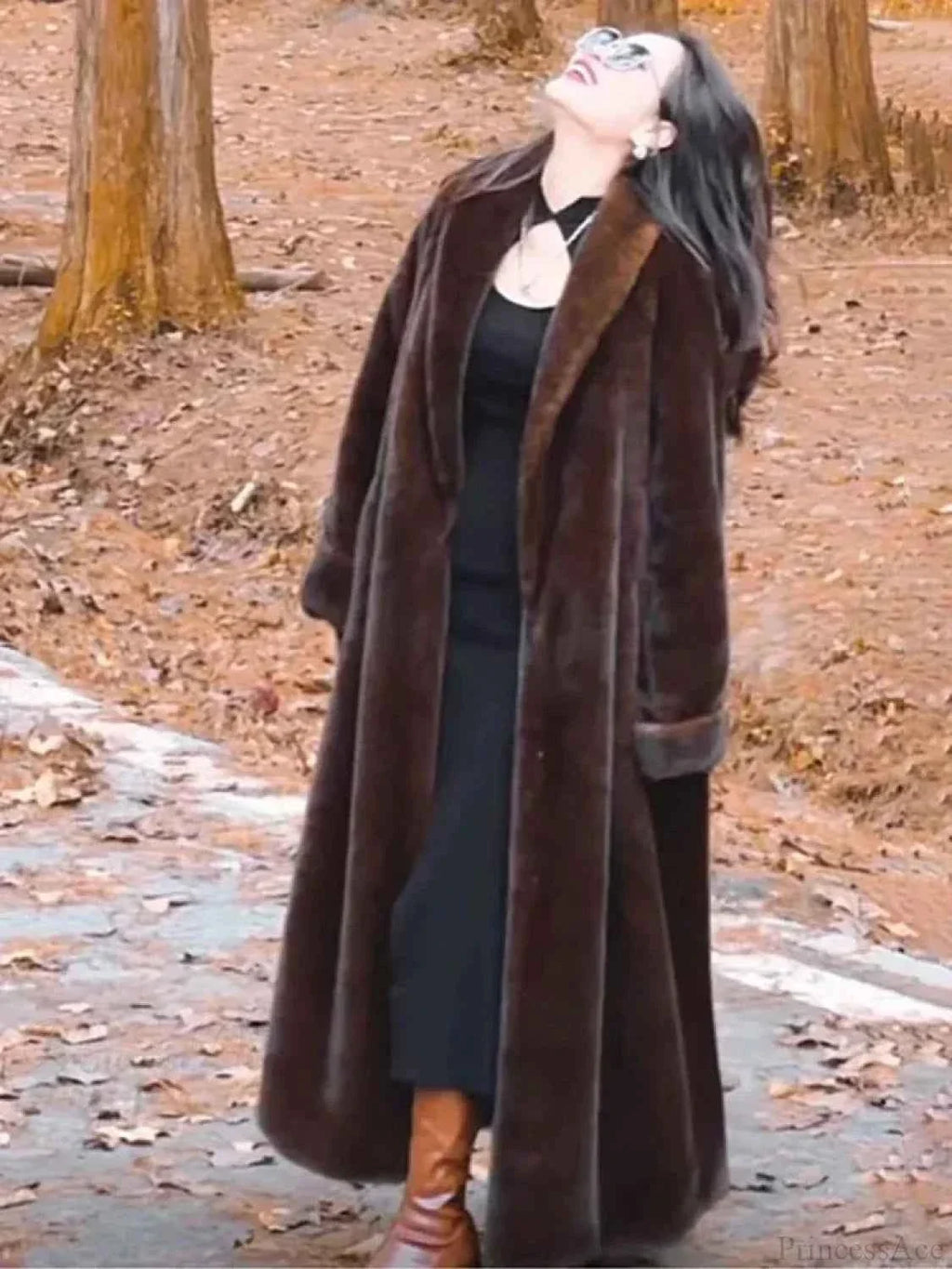 Faux Fur Jacket with Turn-Down Collar and Zip Fastening