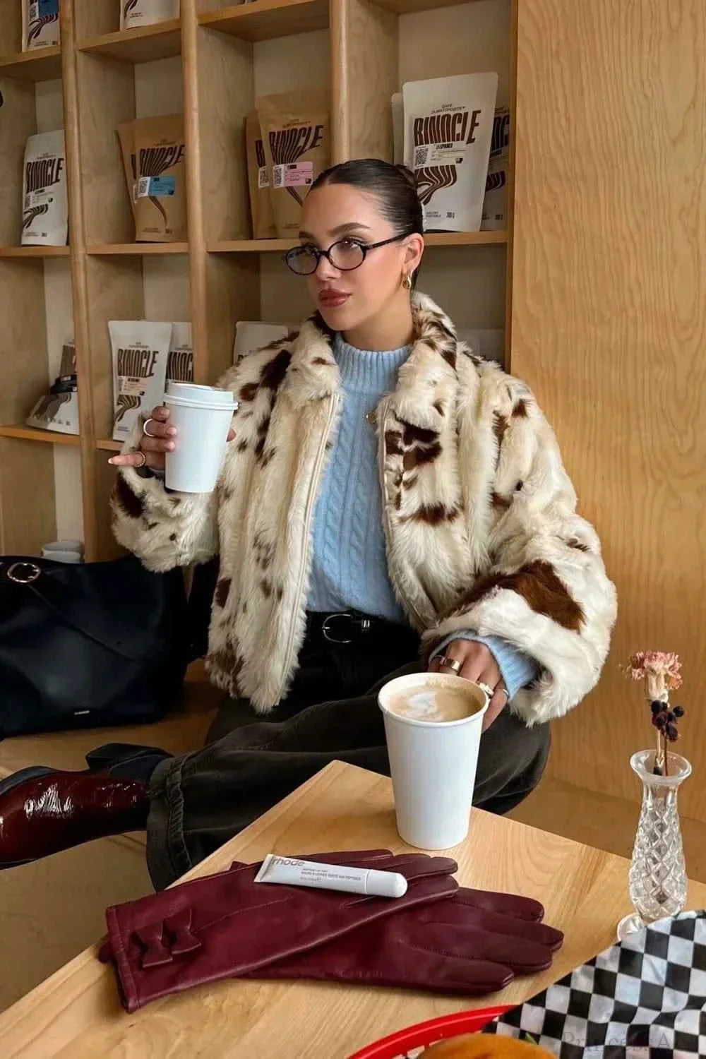 Leopard Print Faux Fur Coat with Notched Collar Detail