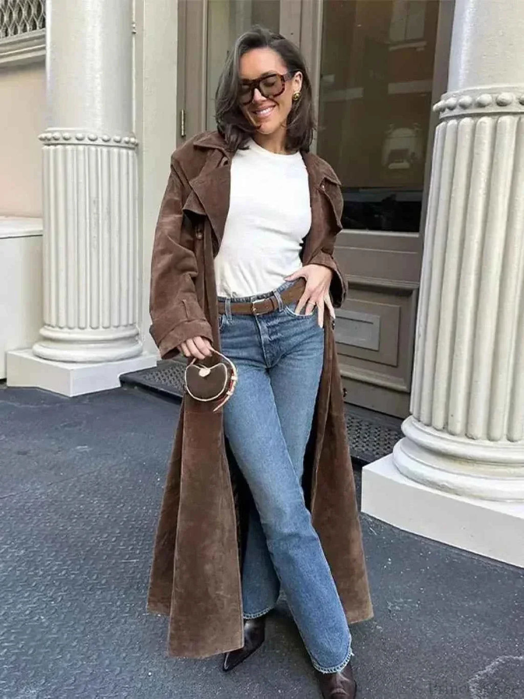 Faux Leather Longline Coat with Lapels and a Double Front