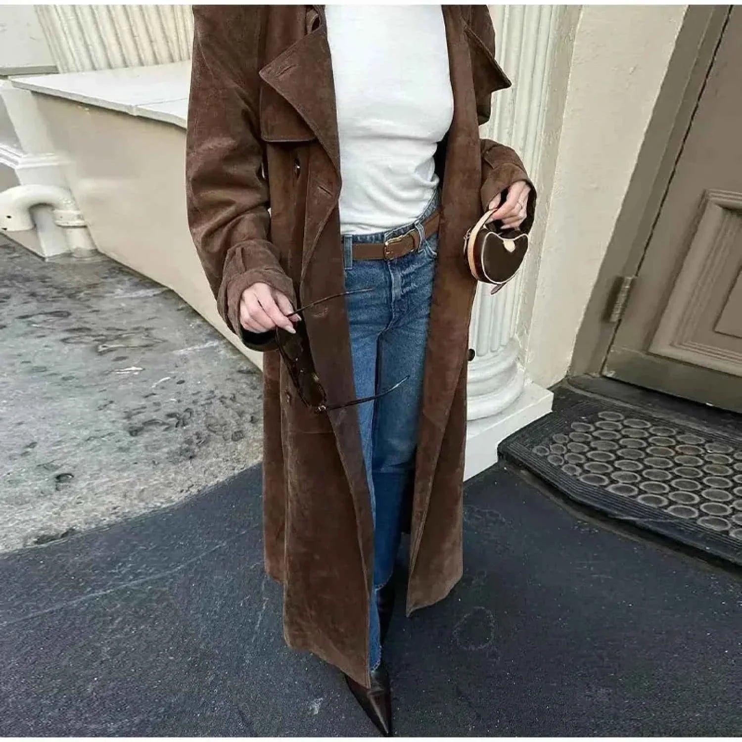 Faux Leather Longline Coat with Lapels and a Double Front