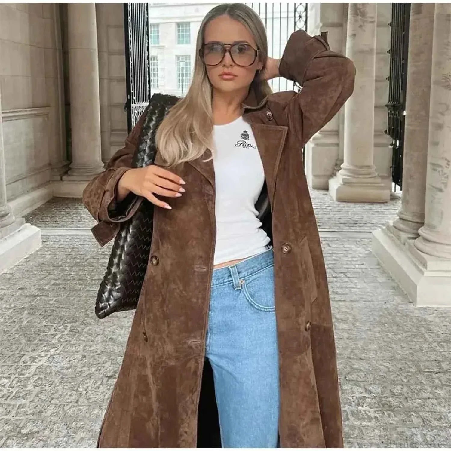 Faux Leather Longline Coat with Lapels and a Double Front