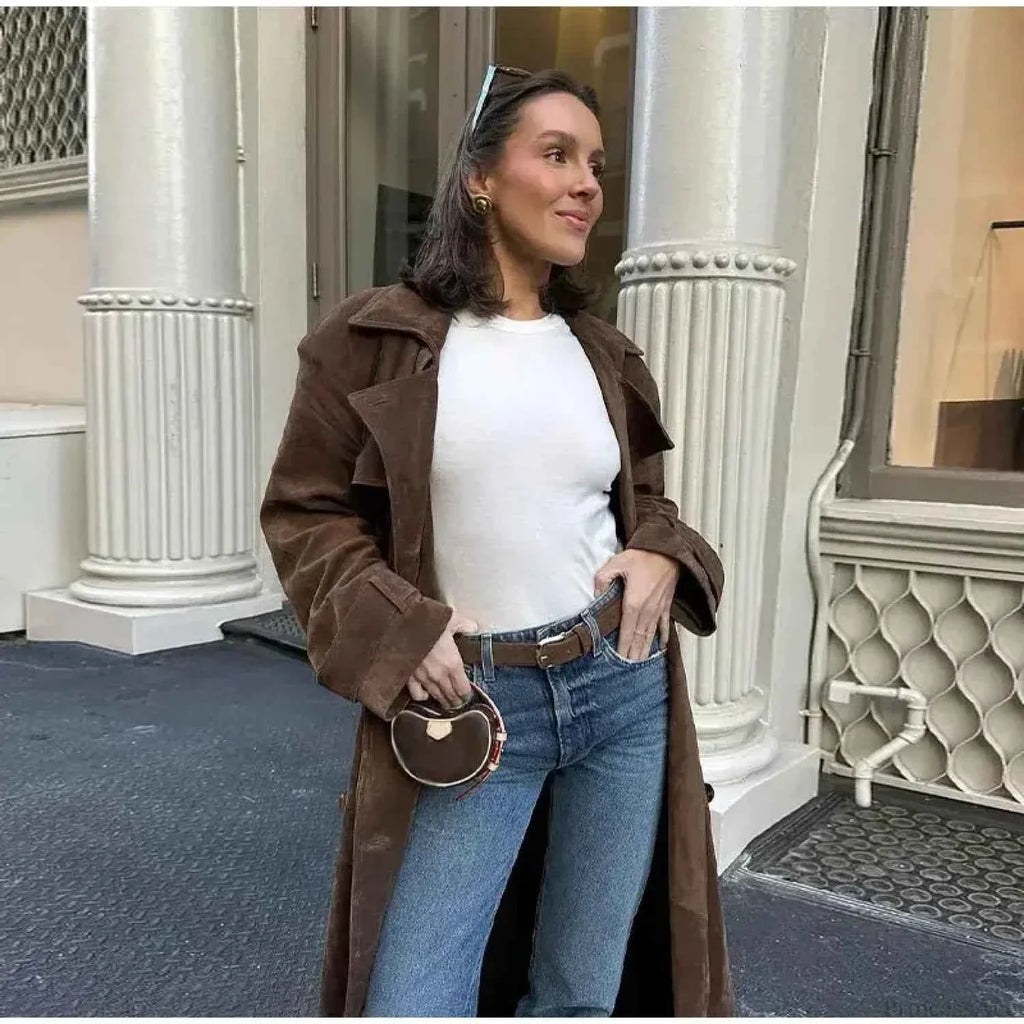 Faux Leather Longline Coat with Lapels and a Double Front