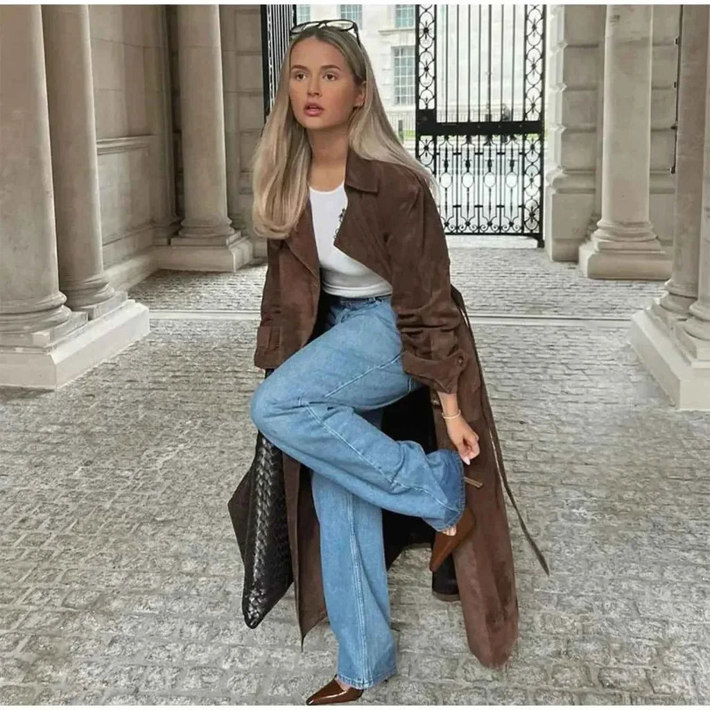 Faux Leather Longline Coat with Lapels and a Double Front