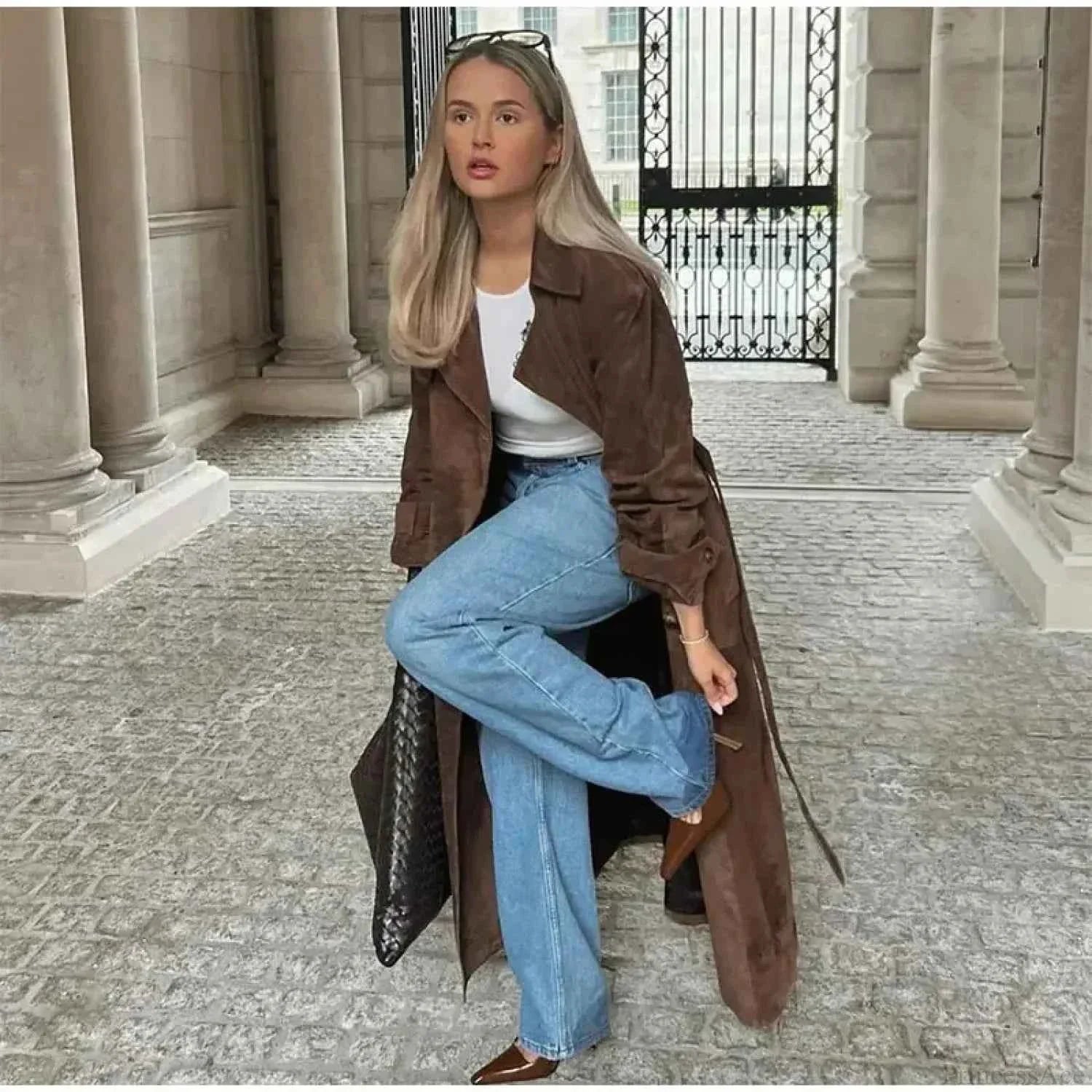 Faux Leather Longline Coat with Lapels and a Double Front