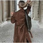Faux Leather Longline Coat with Lapels and a Double Front