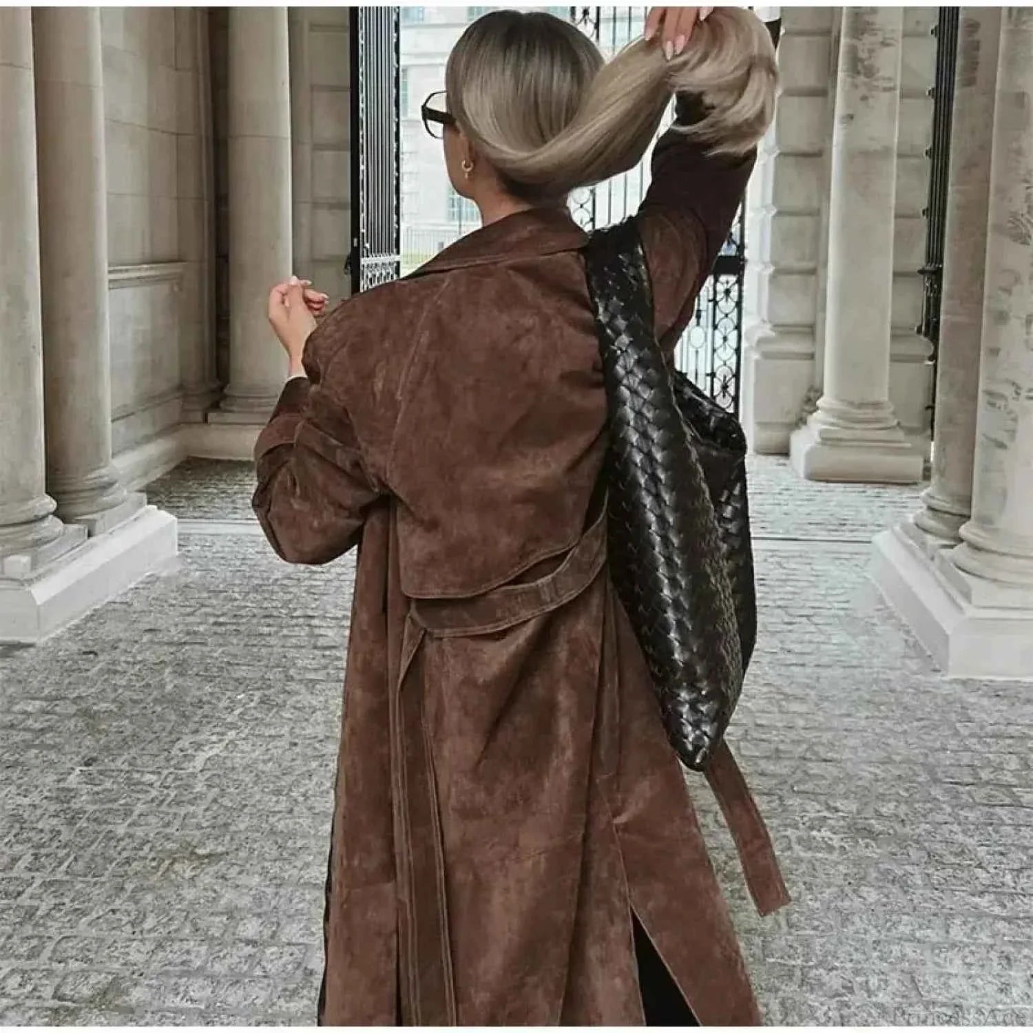 Faux Leather Longline Coat with Lapels and a Double Front