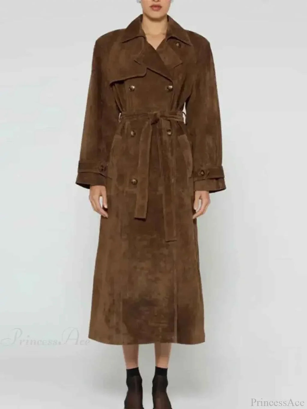 Faux Leather Longline Coat with Lapels and a Double Front