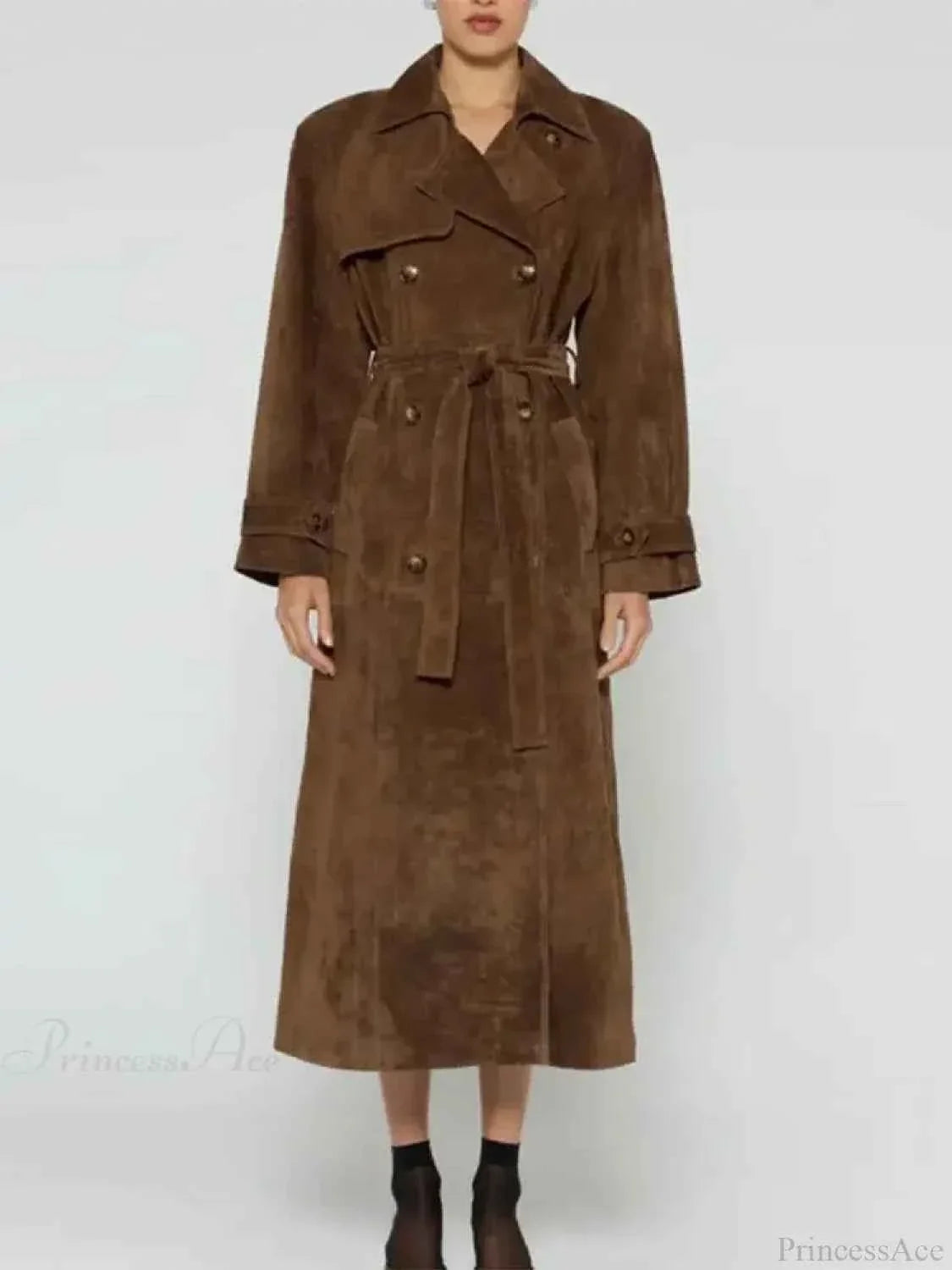Faux Leather Longline Coat with Lapels and a Double Front
