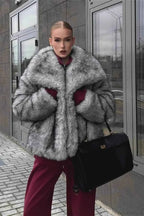 Faux Fur Short Coat with Notched Collar and Long Sleeves
