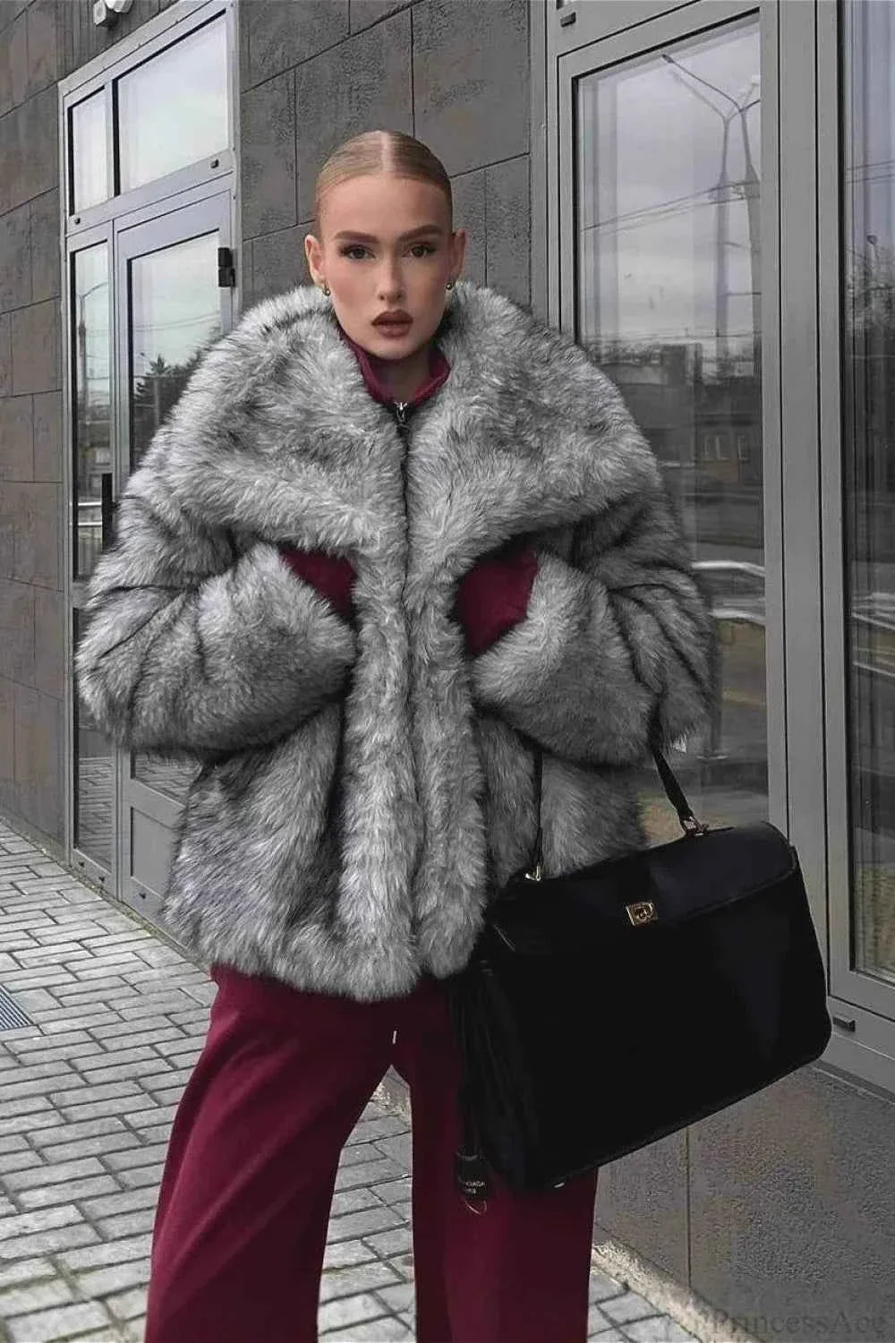 Faux Fur Short Coat with Notched Collar and Long Sleeves