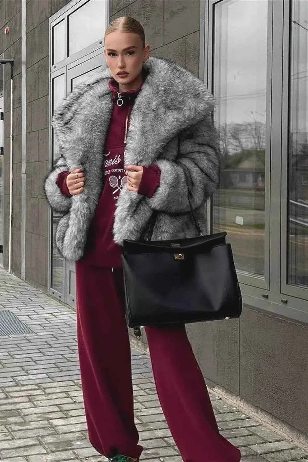 Faux Fur Short Coat with Notched Collar and Long Sleeves