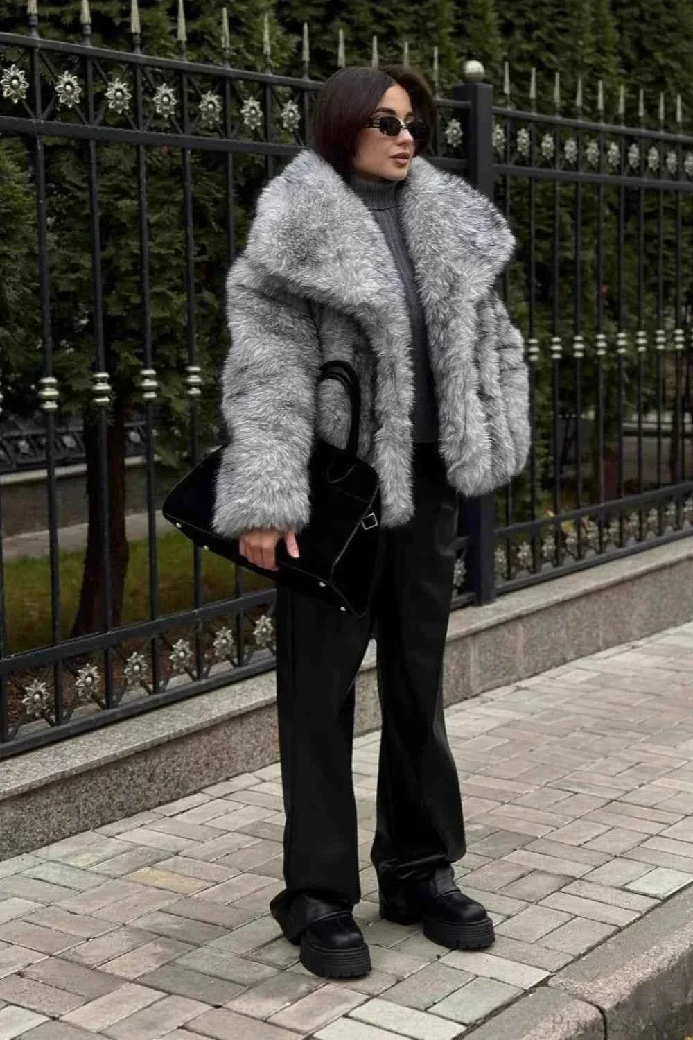 Faux Fur Short Coat with Notched Collar and Long Sleeves