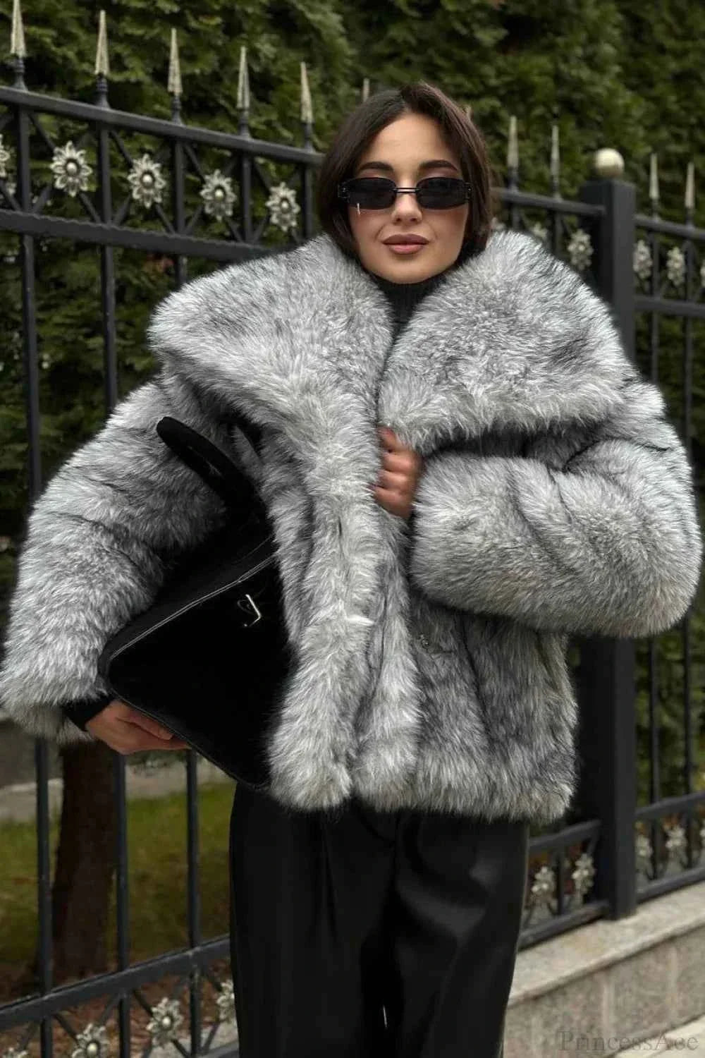 Faux Fur Short Coat with Notched Collar and Long Sleeves