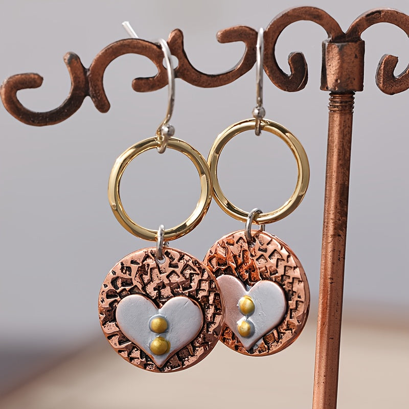 Rustic Textured Mixed-Metal Circle and Heart Dangle Earrings