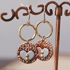 Rustic Textured Mixed-Metal Circle and Heart Dangle Earrings