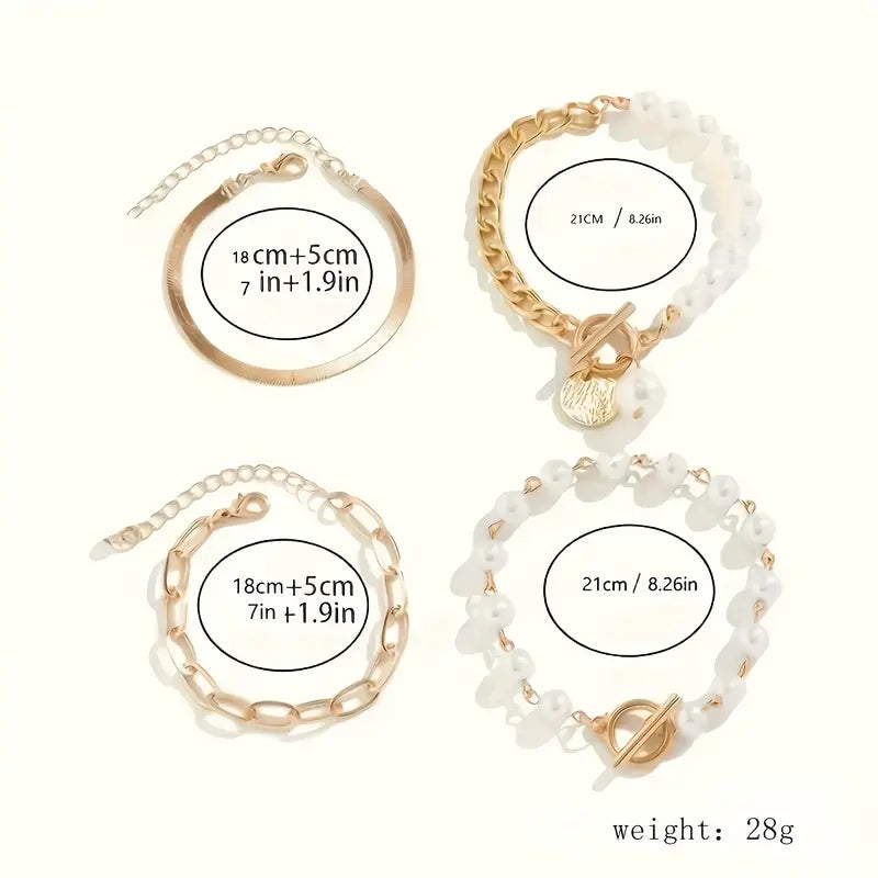 Four-Piece Gold-Tone Bracelet Set with Snake, Pearl and Link Chains