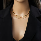 Double-Layer Snake Chain Necklace with Green Stones