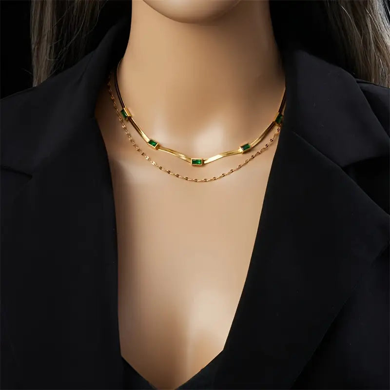 Double-Layer Snake Chain Necklace with Green Stones
