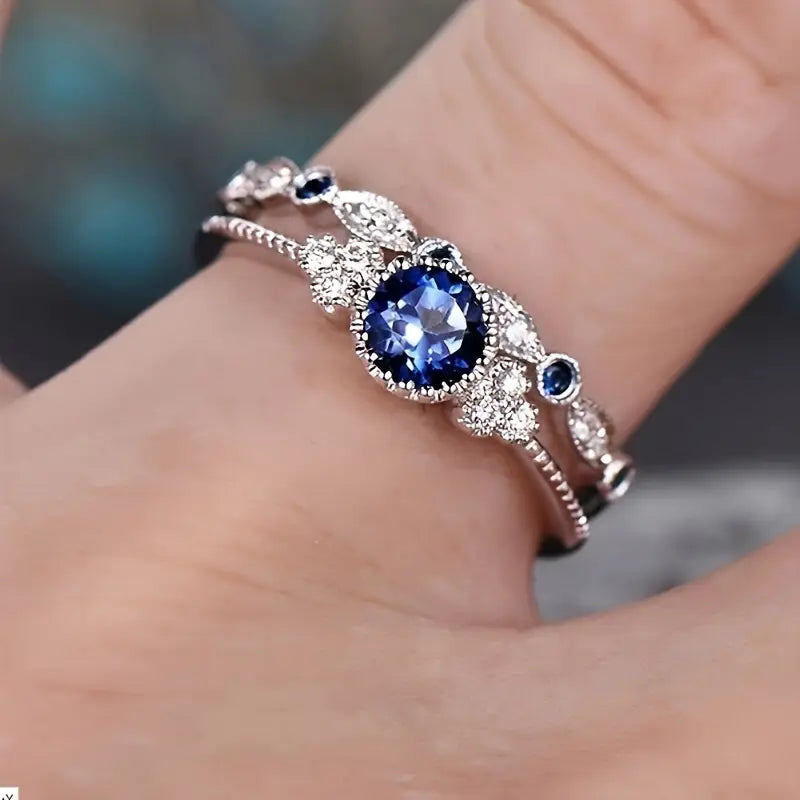 Stacking Ring Set with Blue Round Stone and Crystal Bands
